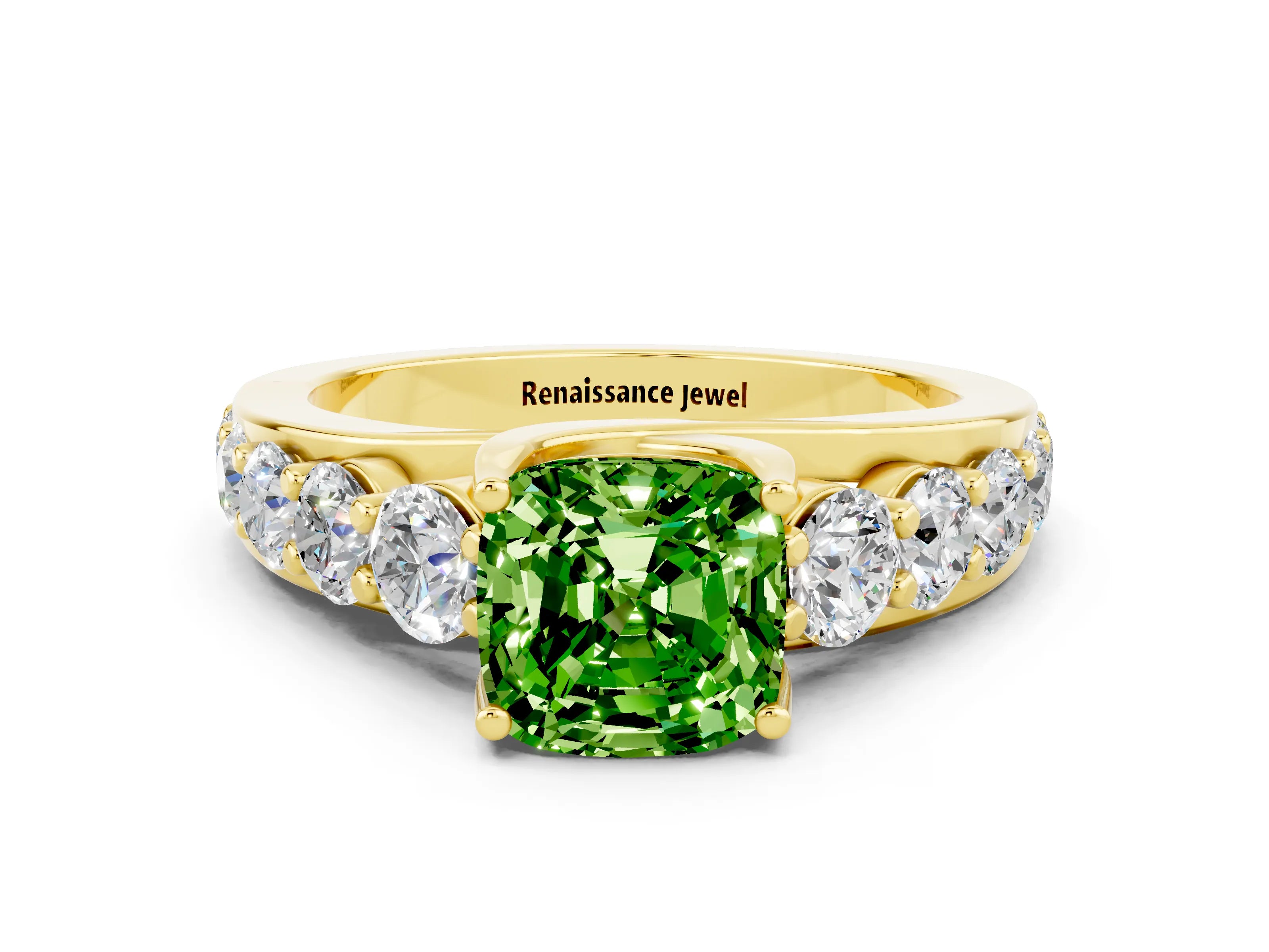 Yellow gold Cushion Cut Peridot Engagement Ring with Pavé Band and Four-Prong Setting