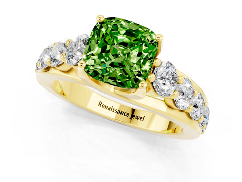 Yellow gold Cushion Cut Peridot Engagement Ring with Pavé Band and Four-Prong Setting_1