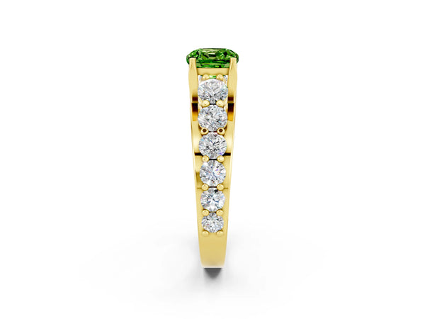 Yellow gold Cushion Cut Peridot Engagement Ring with Pavé Band and Four-Prong Setting