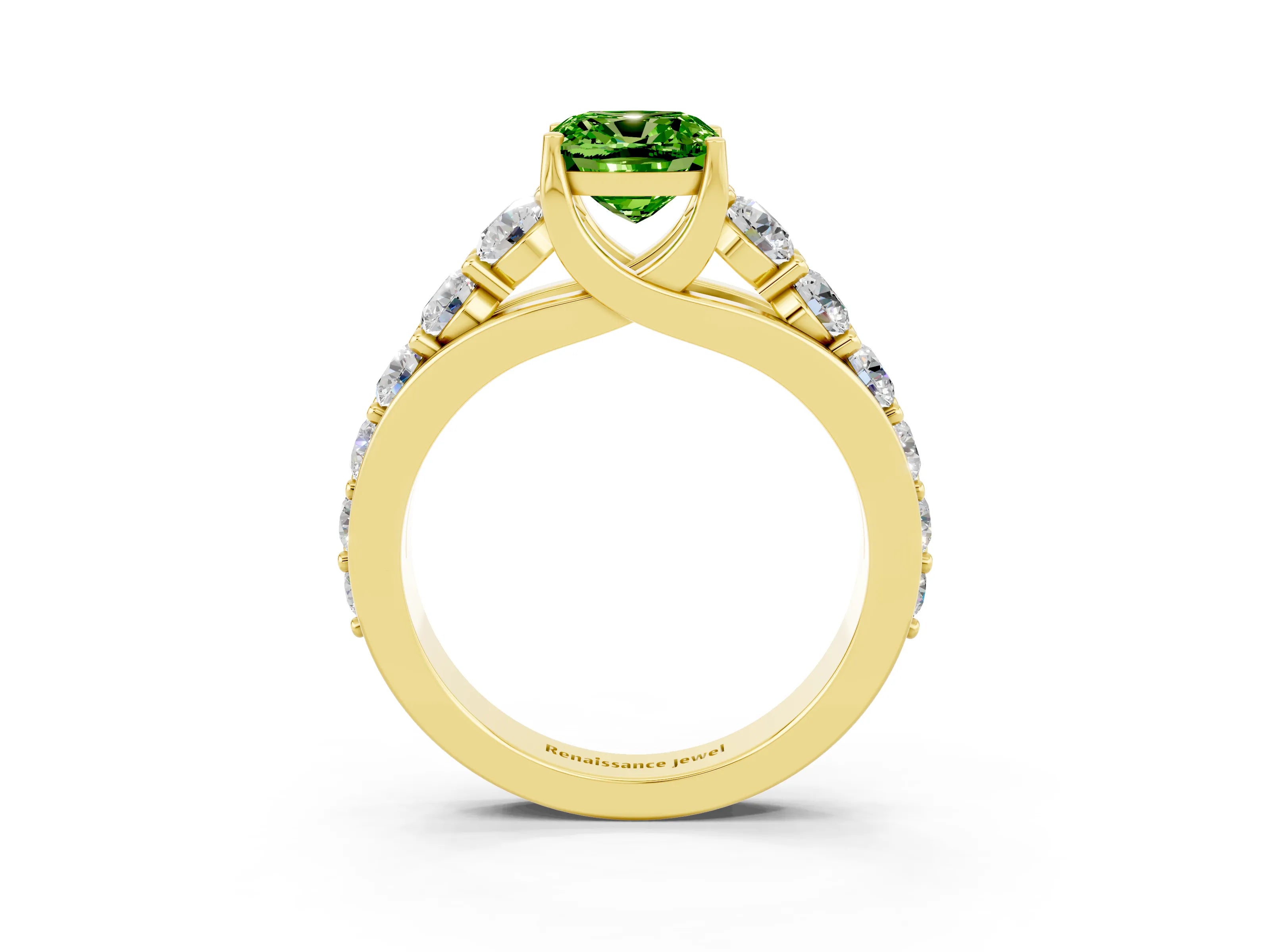 Yellow gold Cushion Cut Peridot Engagement Ring with Pavé Band and Four-Prong Setting_3