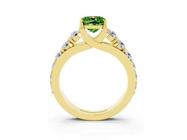 Yellow gold Cushion Cut Peridot Engagement Ring with Pavé Band and Four-Prong Setting