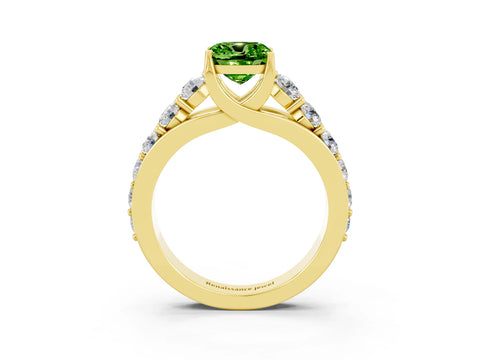Yellow gold Cushion Cut Peridot Engagement Ring with Pavé Band and Four-Prong Setting_3