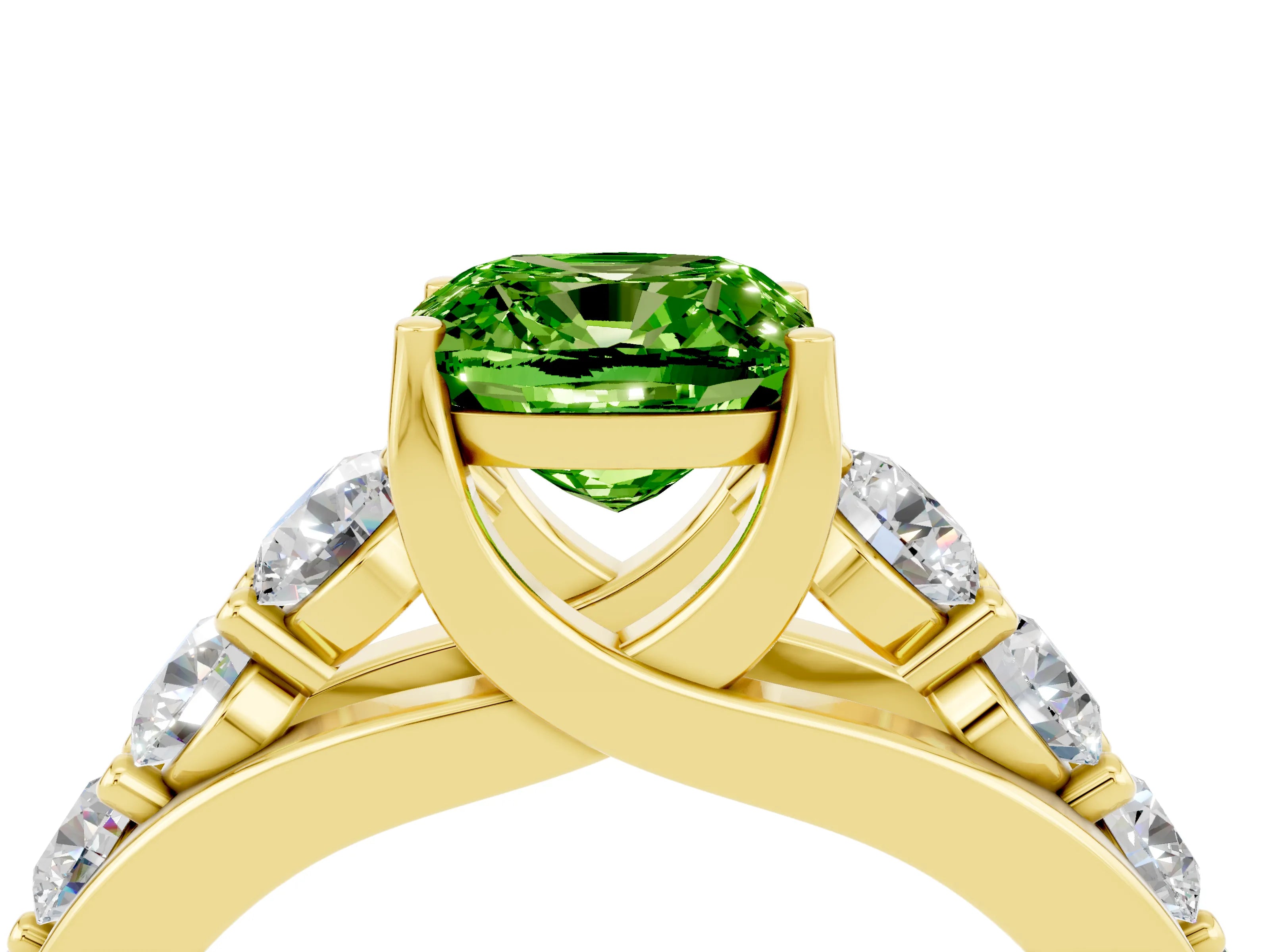 Yellow gold Cushion Cut Peridot Engagement Ring with Pavé Band and Four-Prong Setting_4