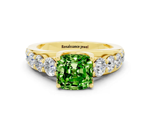 Yellow gold Cushion Cut Peridot Engagement Ring with Pavé Band and Four-Prong Setting