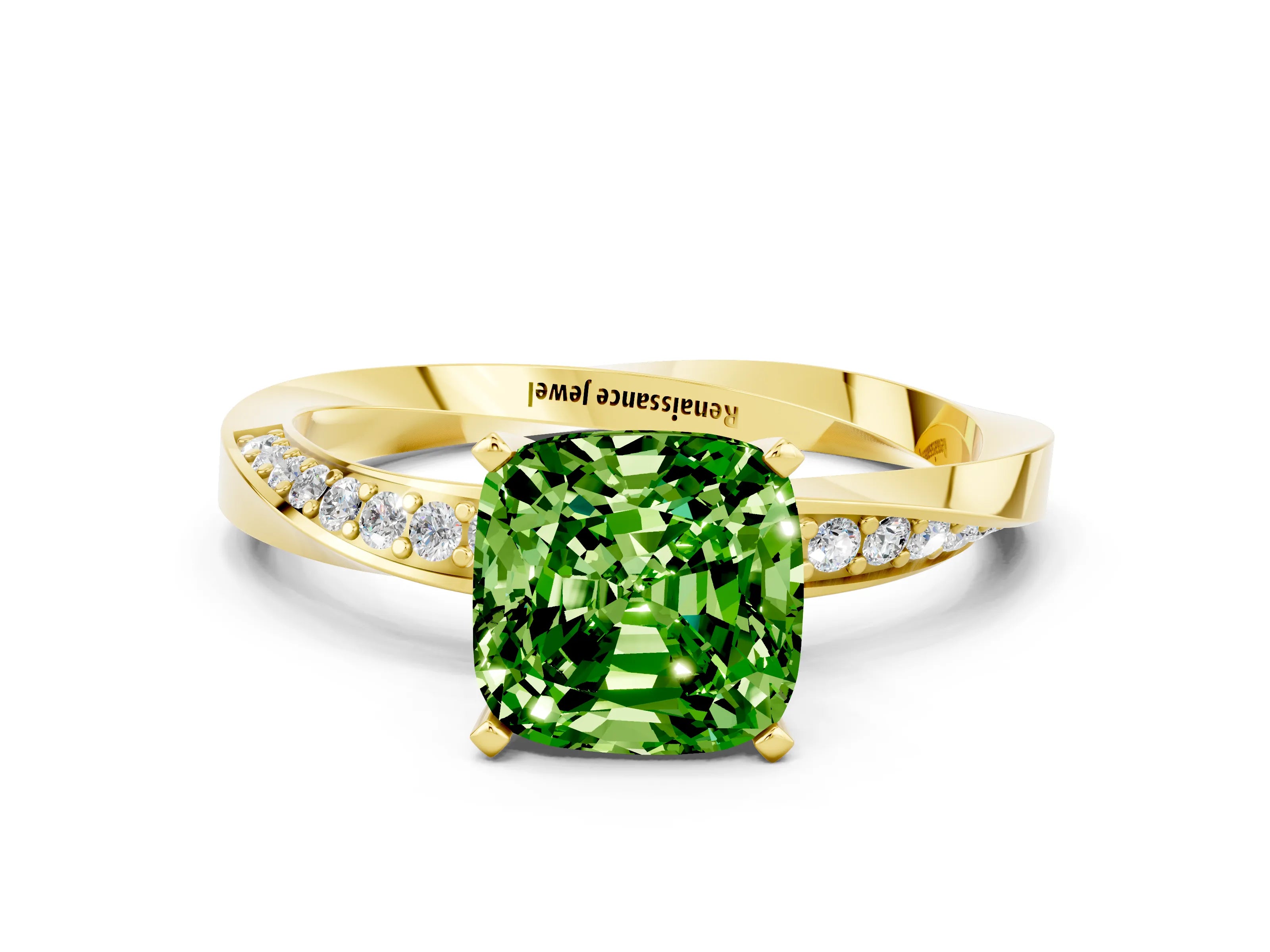 Yellow gold Cushion Cut Peridot Engagement Ring with Side Stone Accents and Four-Prong Setting_27