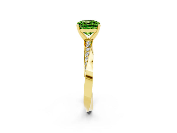 Yellow gold Cushion Cut Peridot Engagement Ring with Side Stone Accents and Four-Prong Setting