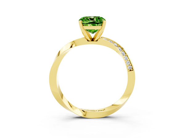 Yellow gold Cushion Cut Peridot Engagement Ring with Side Stone Accents and Four-Prong Setting