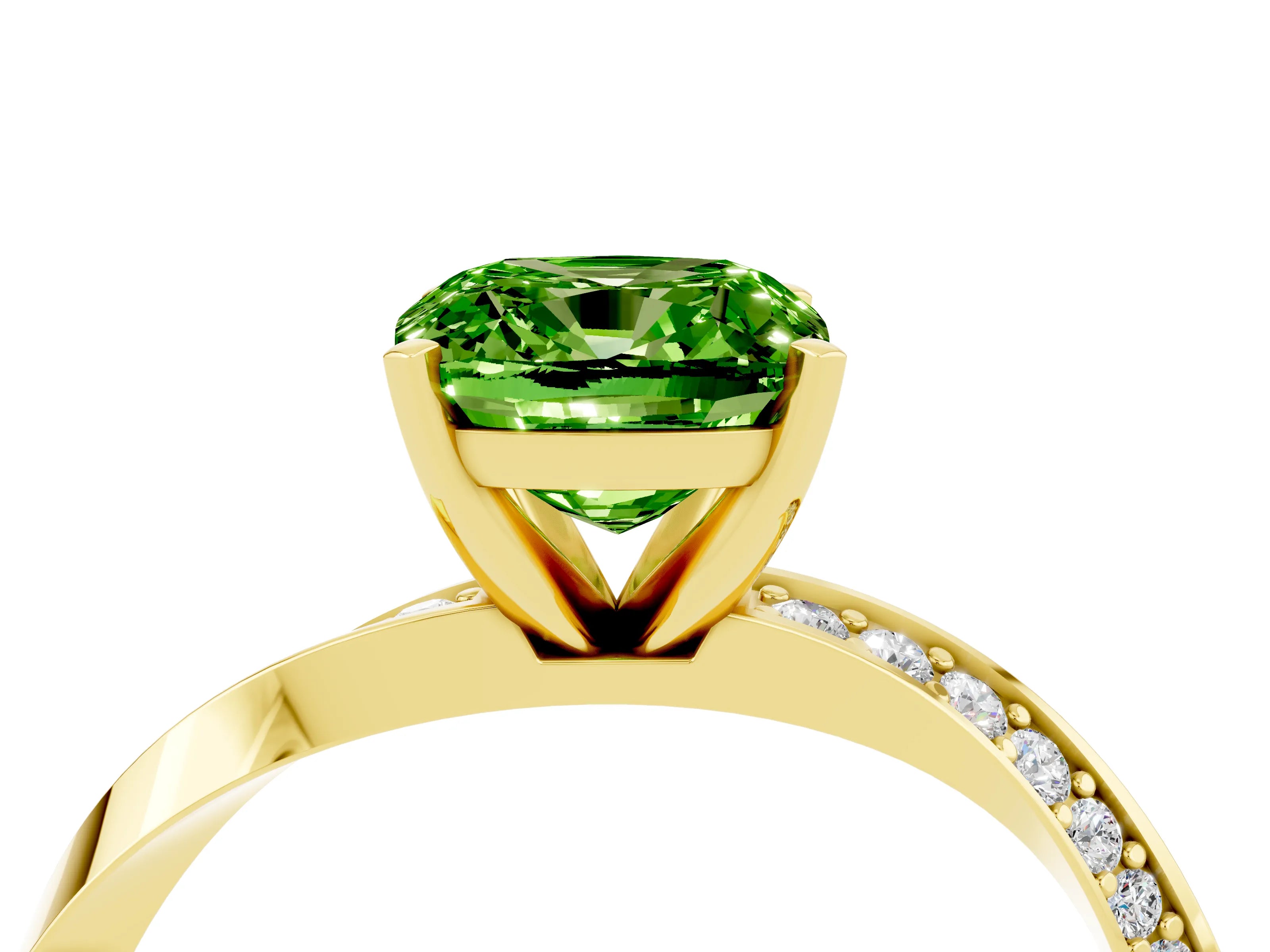 Yellow gold Cushion Cut Peridot Engagement Ring with Side Stone Accents and Four-Prong Setting_31