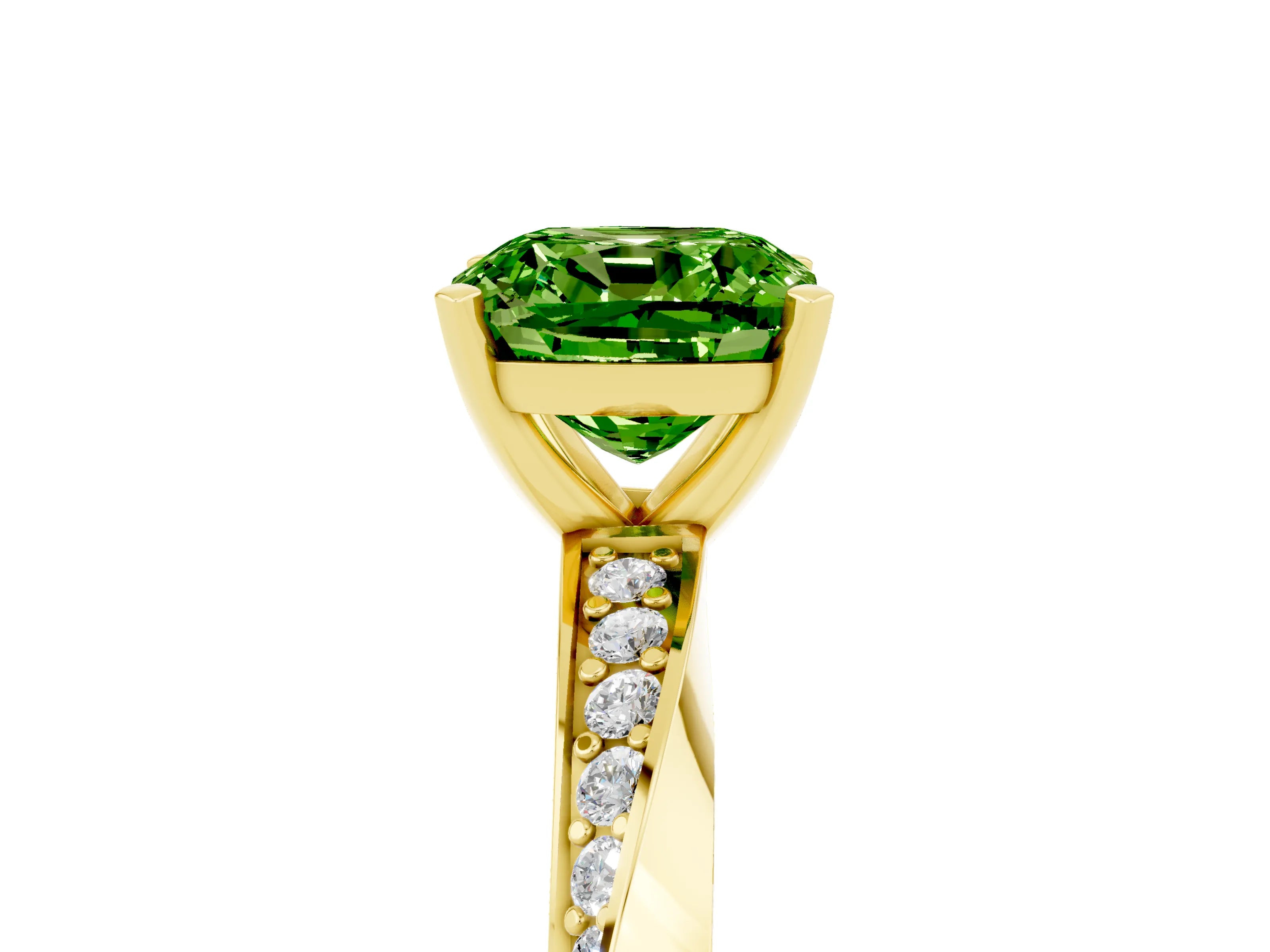 Yellow gold Cushion Cut Peridot Engagement Ring with Side Stone Accents and Four-Prong Setting_32