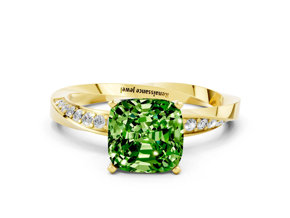 Yellow gold Cushion Cut Peridot Engagement Ring with Side Stone Accents and Four-Prong Setting_84