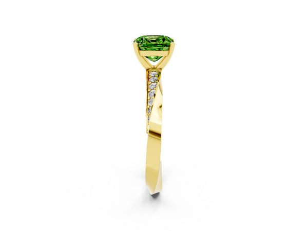 Yellow gold Cushion Cut Peridot Engagement Ring with Side Stone Accents and Four-Prong Setting