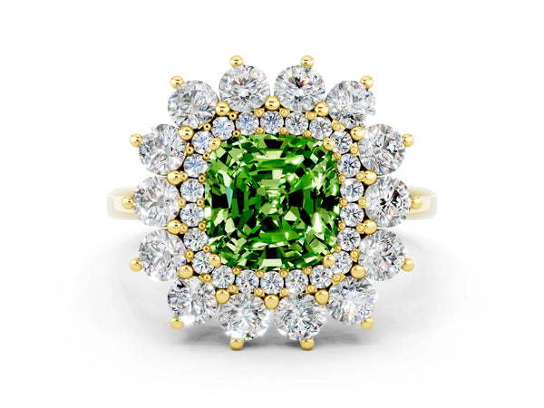 Yellow gold Cushion Cut Peridot Floral Double Halo Engagement Ring with Prong Setting