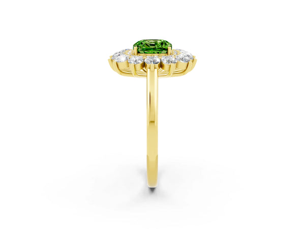 Yellow gold Cushion Cut Peridot Floral Double Halo Engagement Ring with Prong Setting