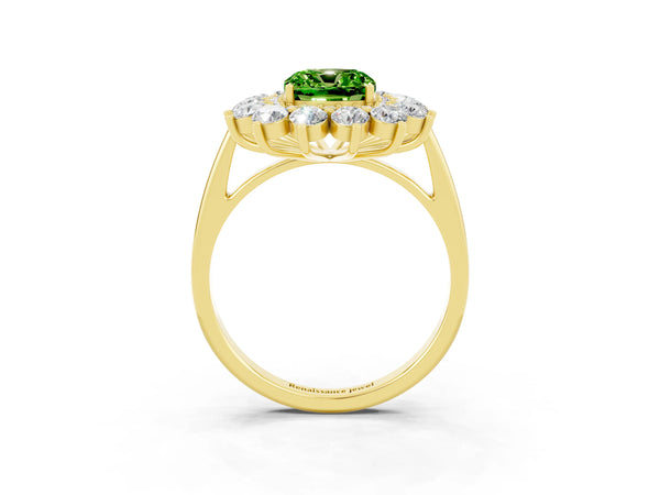 Yellow gold Cushion Cut Peridot Floral Double Halo Engagement Ring with Prong Setting
