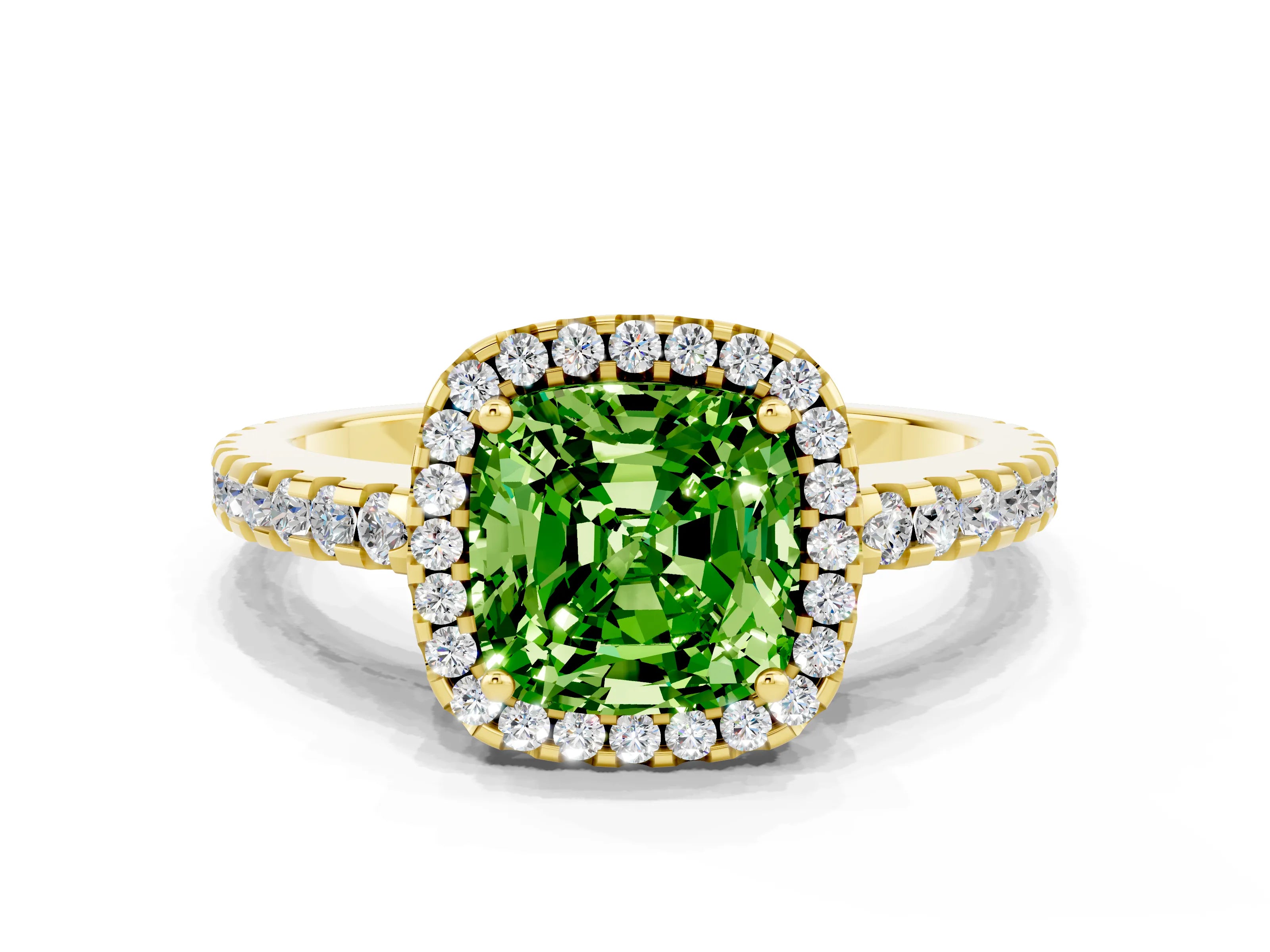 Yellow gold Cushion Cut Peridot Halo Engagement Ring with Pavé Band and Prong Setting_12