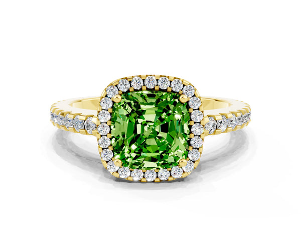 Yellow gold Cushion Cut Peridot Halo Engagement Ring with Pavé Band and Prong Setting