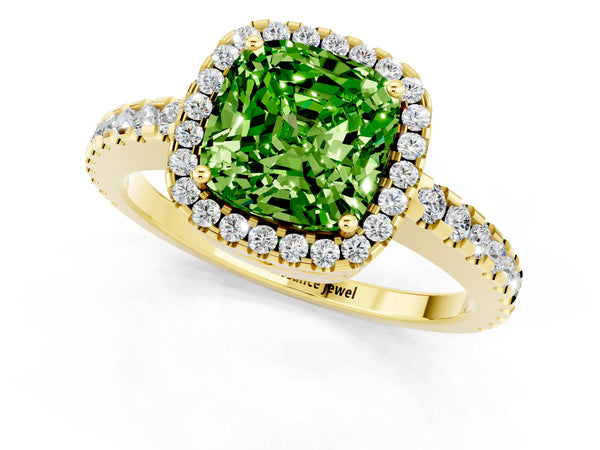 Yellow gold Cushion Cut Peridot Halo Engagement Ring with Pavé Band and Prong Setting