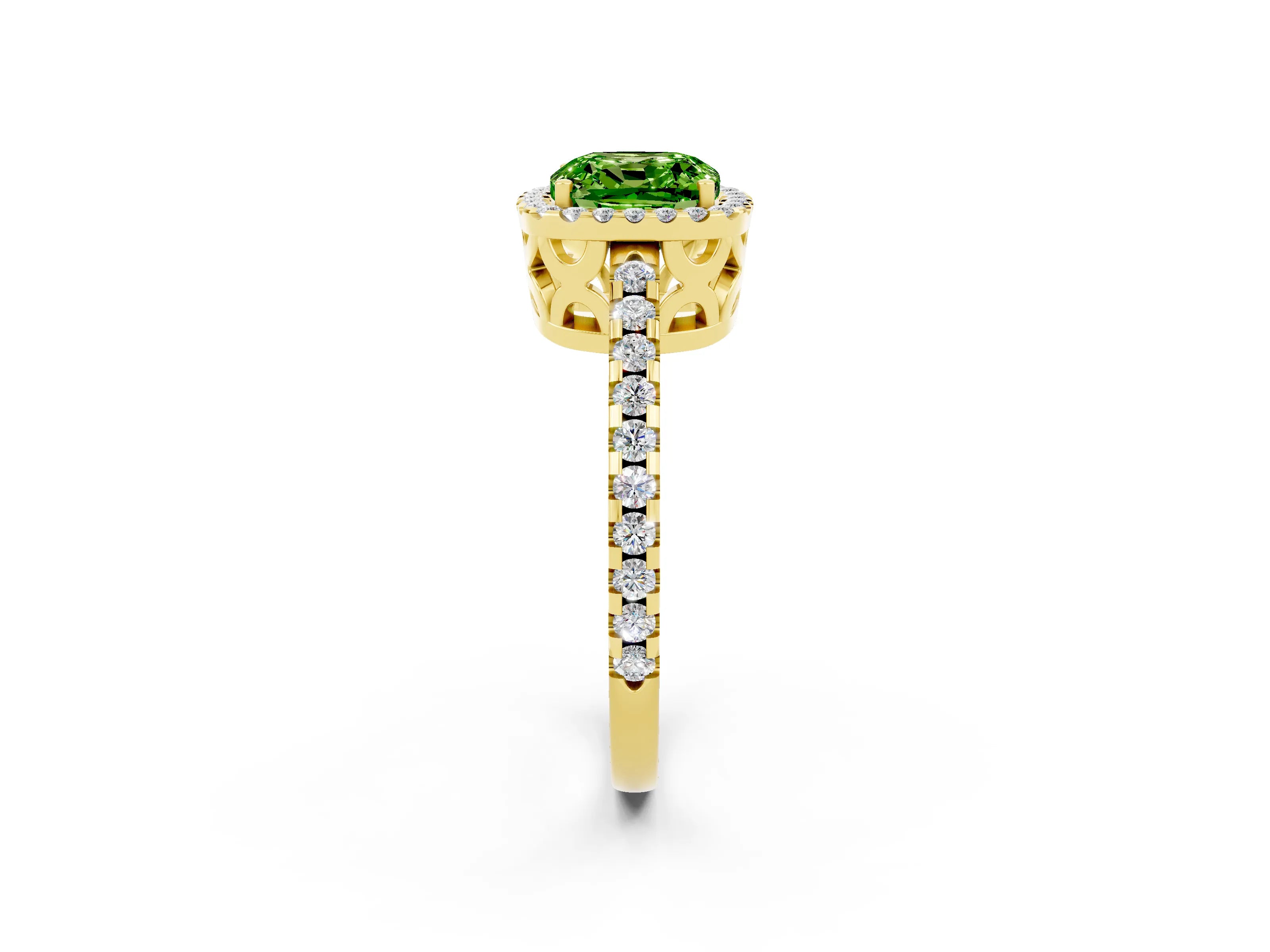 Yellow gold Cushion Cut Peridot Halo Engagement Ring with Pavé Band and Prong Setting_14