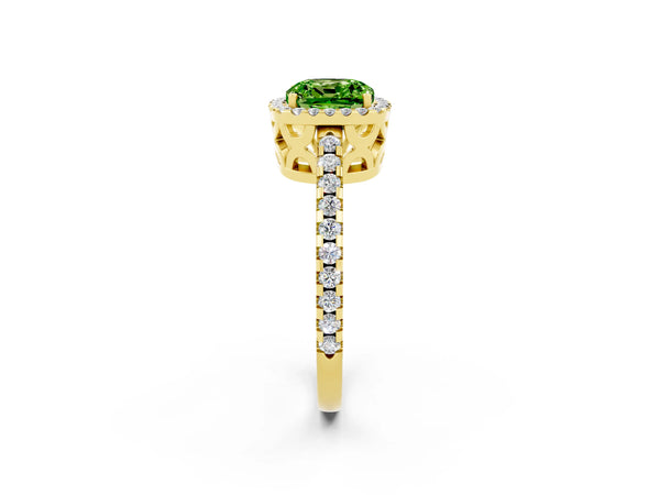 Yellow gold Cushion Cut Peridot Halo Engagement Ring with Pavé Band and Prong Setting
