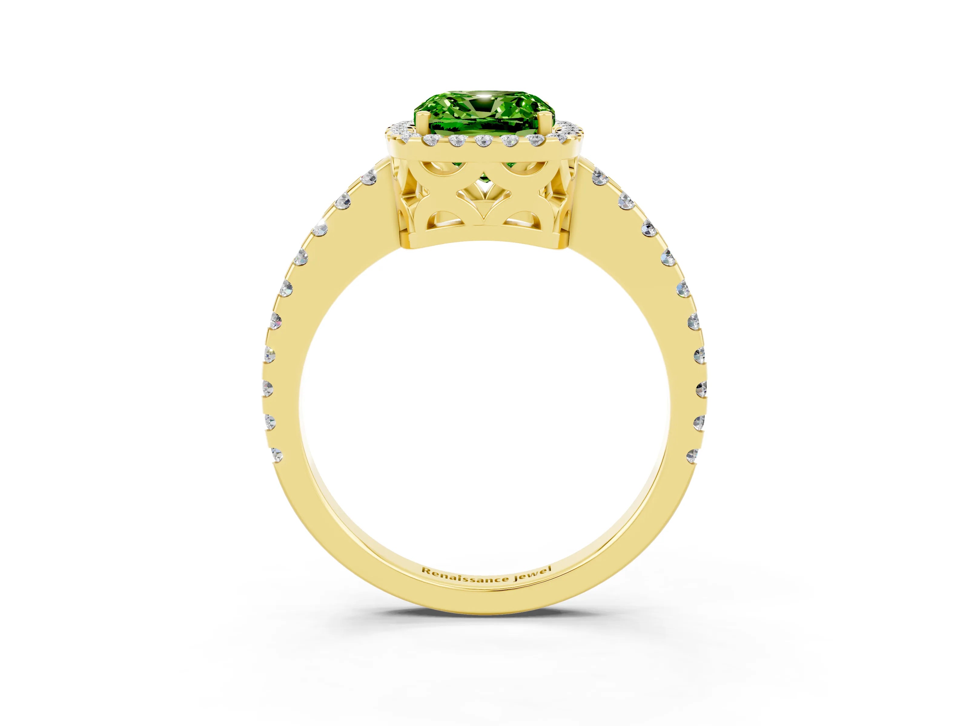 Yellow gold Cushion Cut Peridot Halo Engagement Ring with Pavé Band and Prong Setting_15