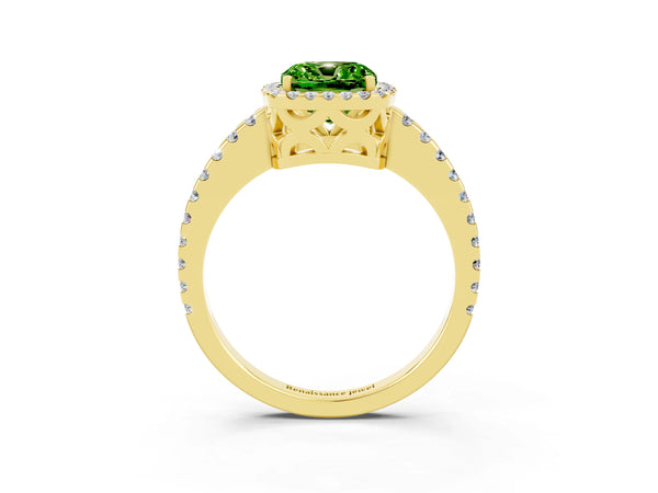 Yellow gold Cushion Cut Peridot Halo Engagement Ring with Pavé Band and Prong Setting