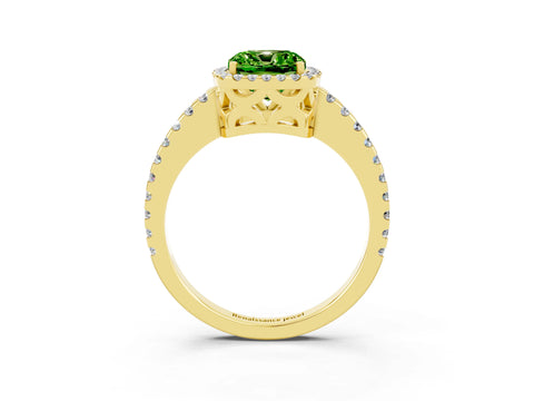 Yellow gold Cushion Cut Peridot Halo Engagement Ring with Pavé Band and Prong Setting_15