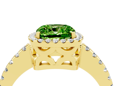 Yellow gold Cushion Cut Peridot Halo Engagement Ring with Pavé Band and Prong Setting_16