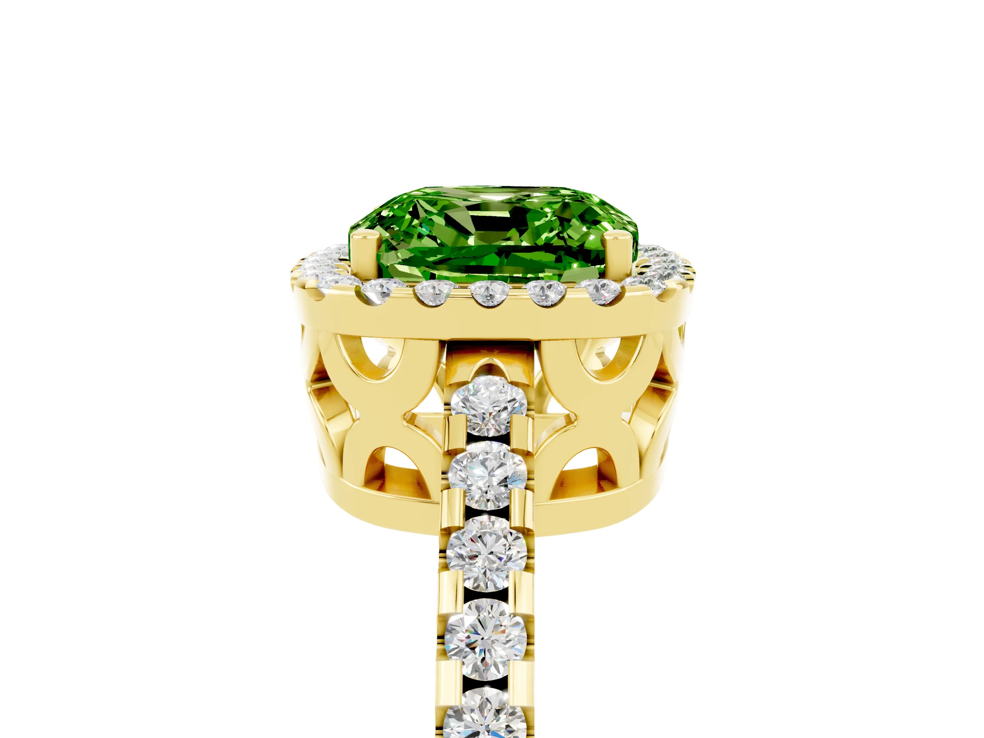 Yellow gold Cushion Cut Peridot Halo Engagement Ring with Pavé Band and Prong Setting_17
