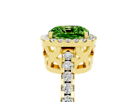 Yellow gold Cushion Cut Peridot Halo Engagement Ring with Pavé Band and Prong Setting_17