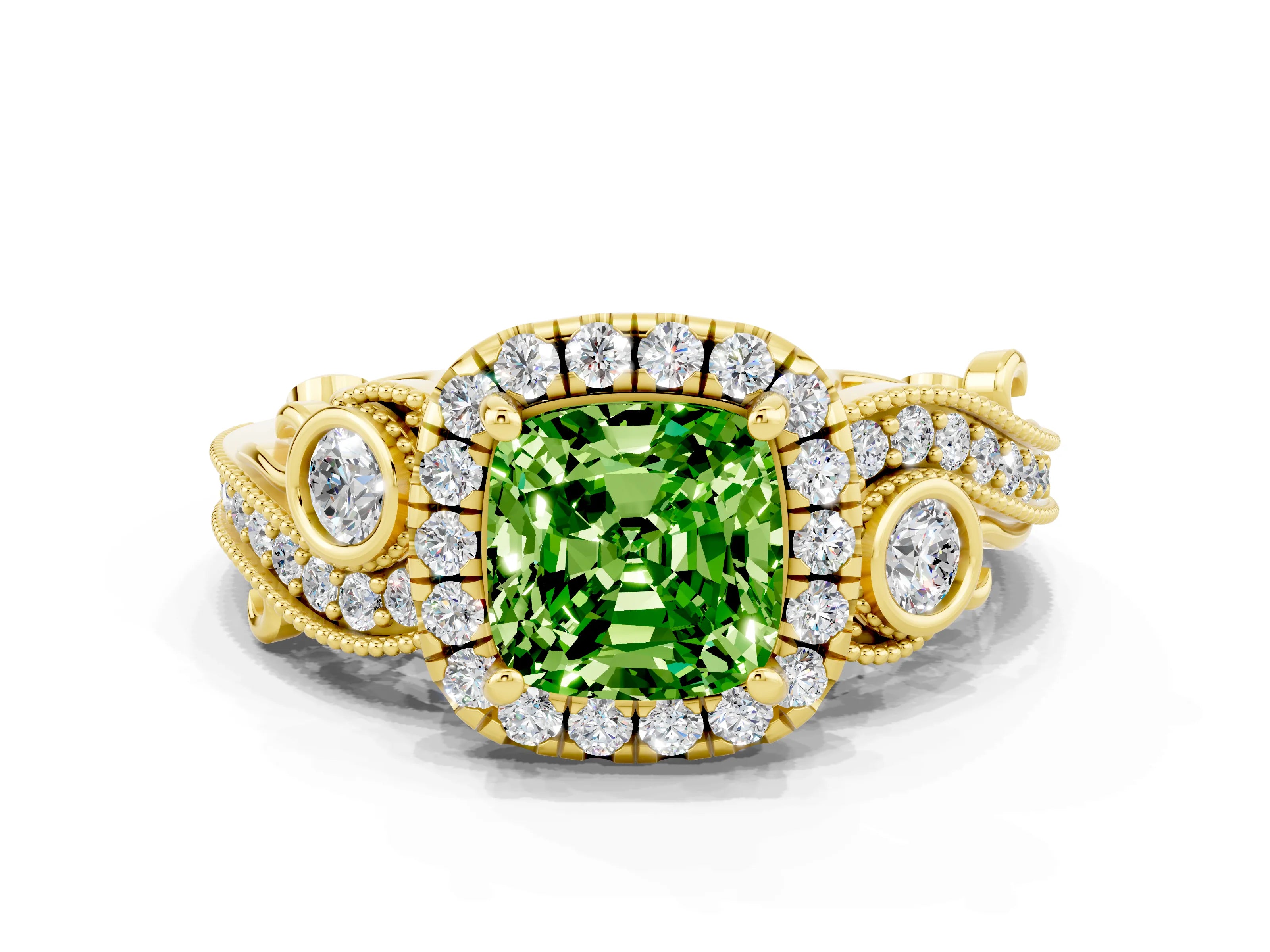 Yellow gold Cushion Cut Peridot Halo Ring with Milgrain Pavé Band and Four-Prong Setting_12