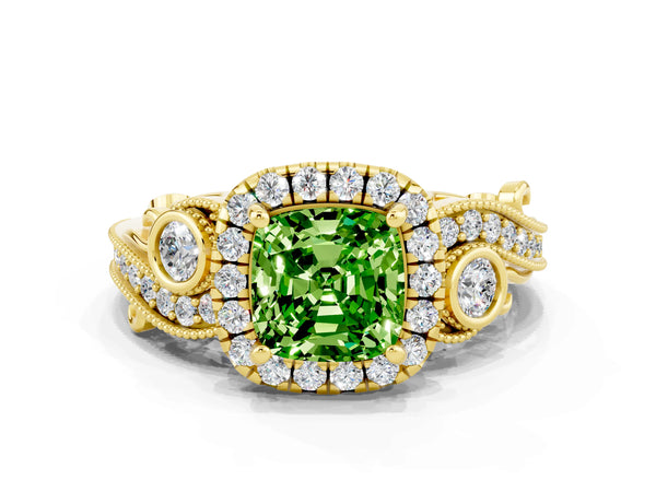 Yellow gold Cushion Cut Peridot Halo Ring with Milgrain Pavé Band and Four-Prong Setting