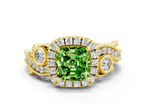 Yellow gold Cushion Cut Peridot Halo Ring with Milgrain Pavé Band and Four-Prong Setting_12