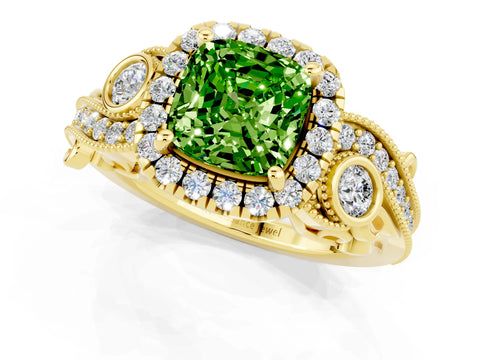 Yellow gold Cushion Cut Peridot Halo Ring with Milgrain Pavé Band and Four-Prong Setting_13
