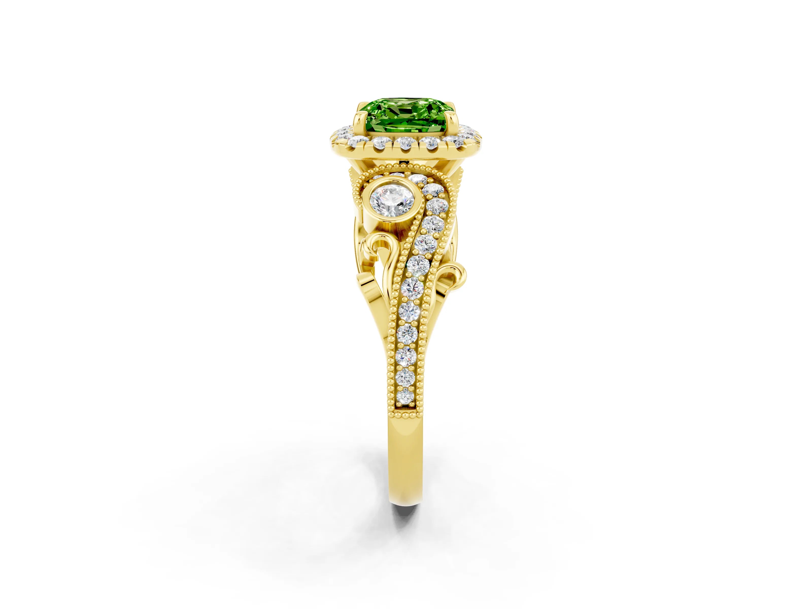 Yellow gold Cushion Cut Peridot Halo Ring with Milgrain Pavé Band and Four-Prong Setting_14