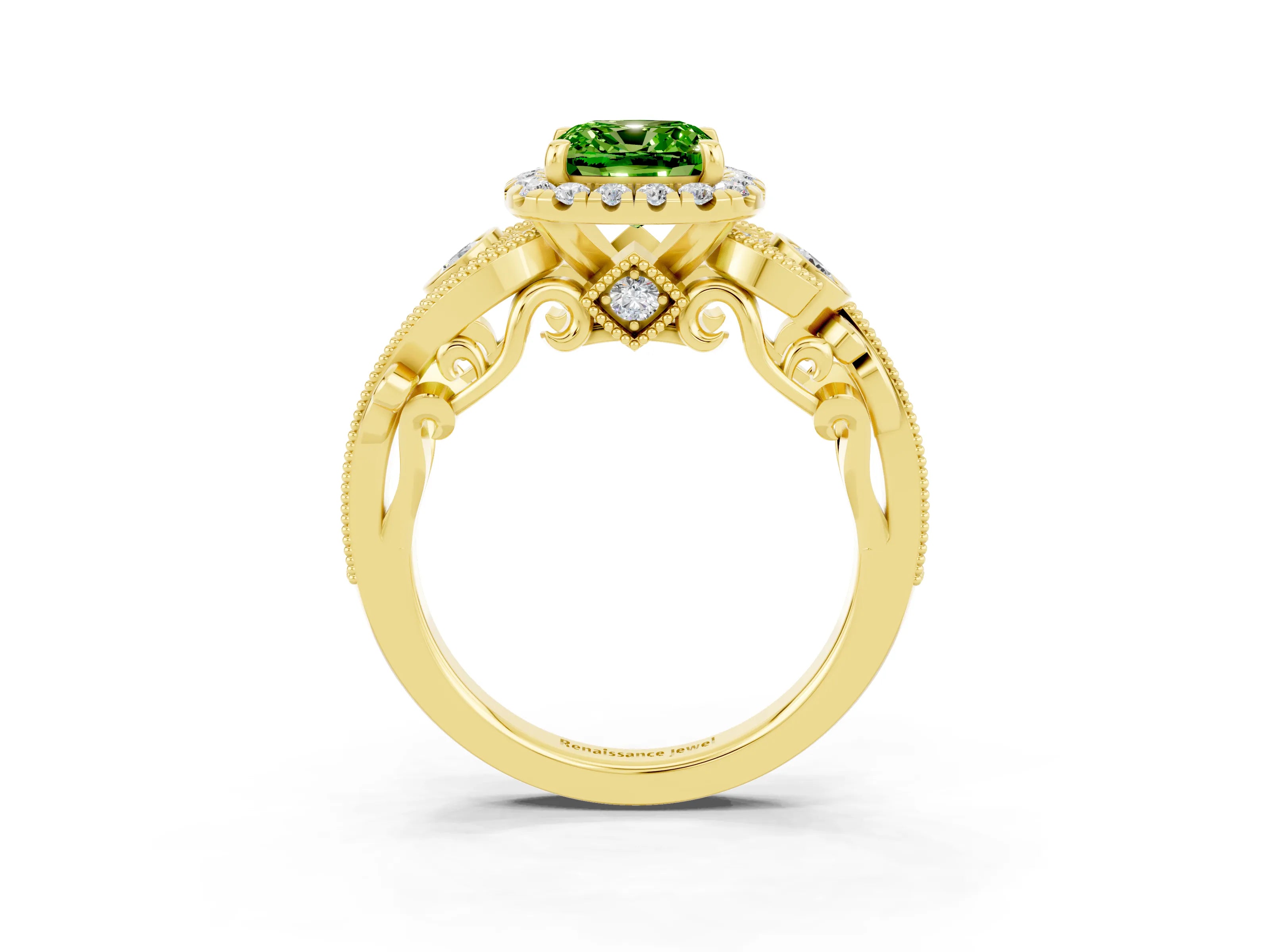 Yellow gold Cushion Cut Peridot Halo Ring with Milgrain Pavé Band and Four-Prong Setting_15