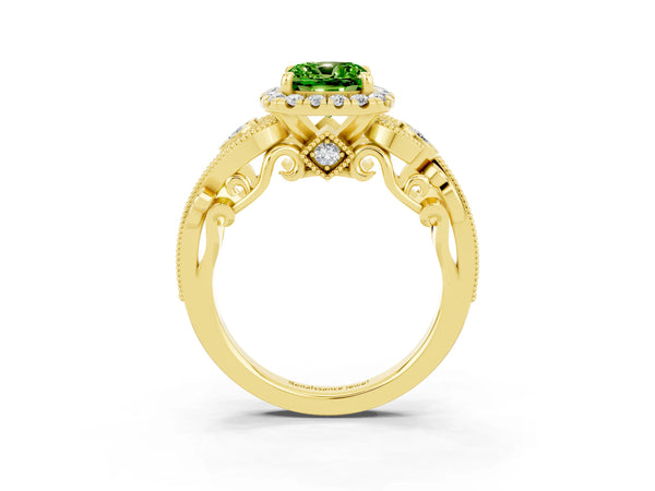 Yellow gold Cushion Cut Peridot Halo Ring with Milgrain Pavé Band and Four-Prong Setting