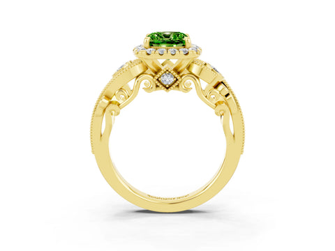 Yellow gold Cushion Cut Peridot Halo Ring with Milgrain Pavé Band and Four-Prong Setting_15