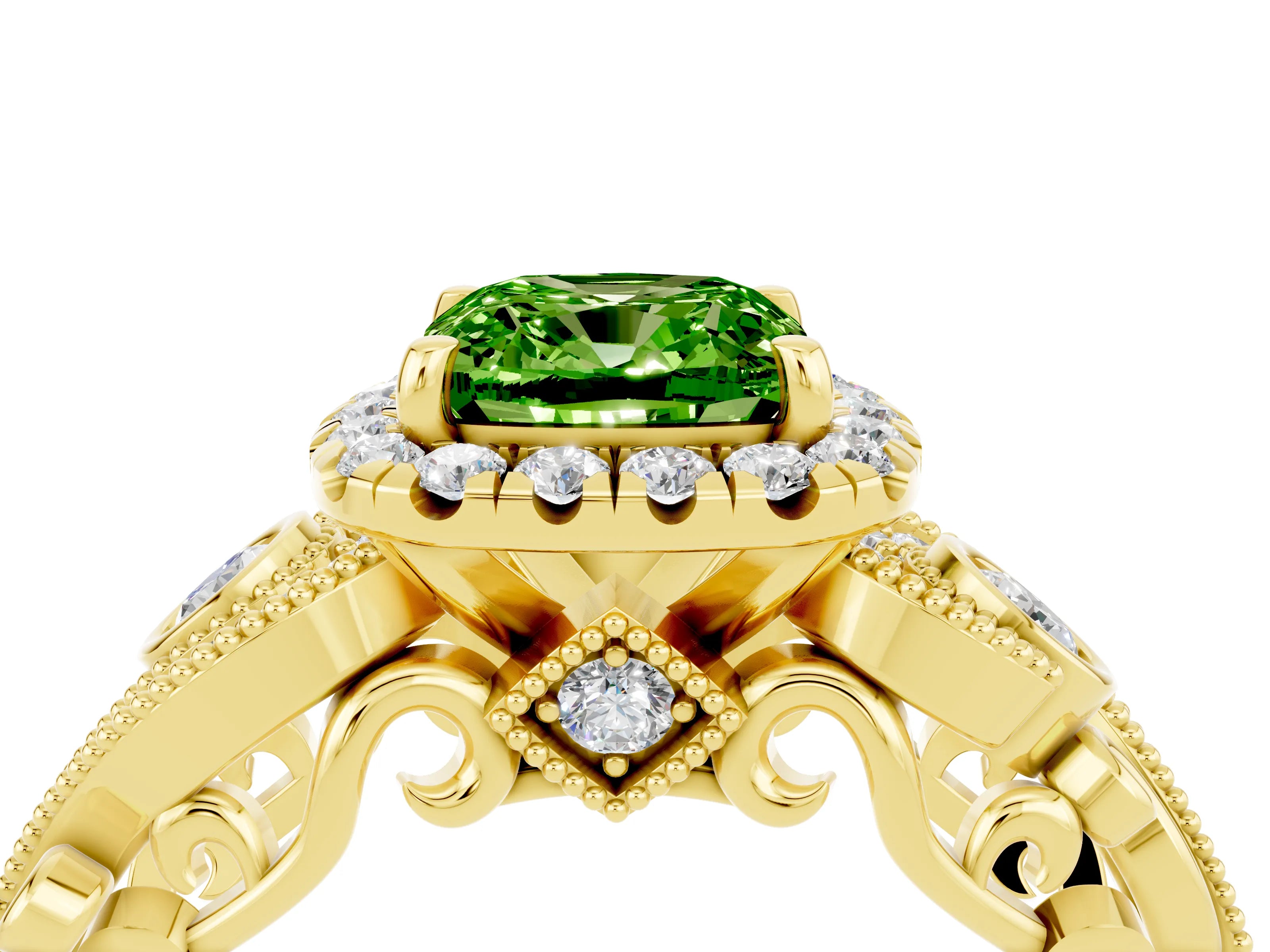 Yellow gold Cushion Cut Peridot Halo Ring with Milgrain Pavé Band and Four-Prong Setting_16