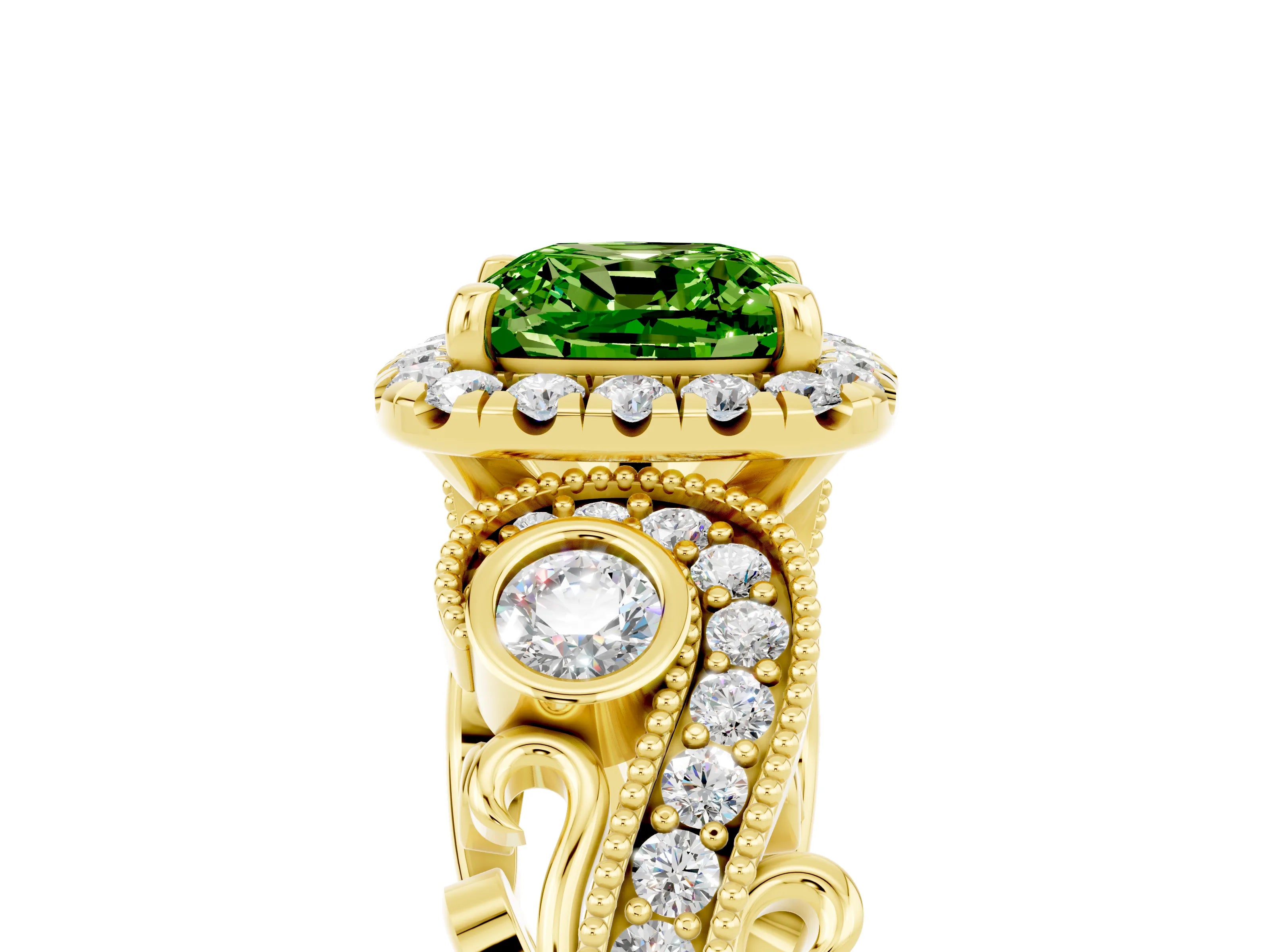 Yellow gold Cushion Cut Peridot Halo Ring with Milgrain Pavé Band and Four-Prong Setting_17