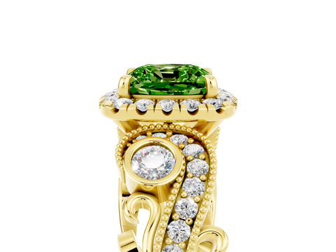 Yellow gold Cushion Cut Peridot Halo Ring with Milgrain Pavé Band and Four-Prong Setting_17