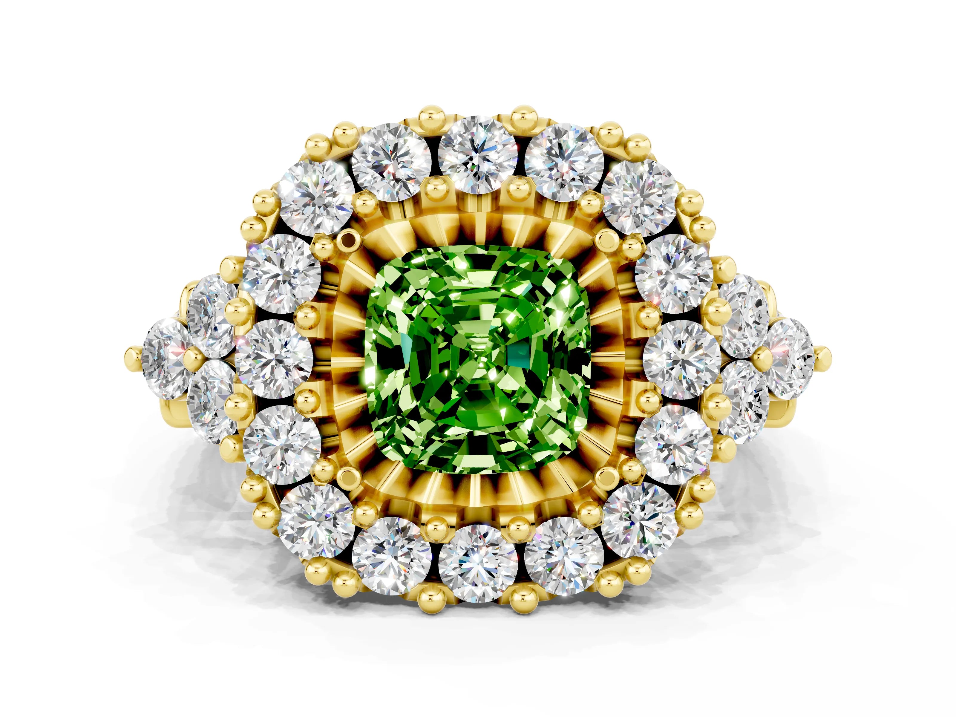 Yellow gold Cushion Cut Peridot Halo Ring with Pavé Band and Four-Prong Setting_12