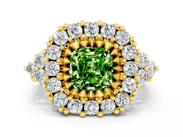 Yellow gold Cushion Cut Peridot Halo Ring with Pavé Band and Four-Prong Setting