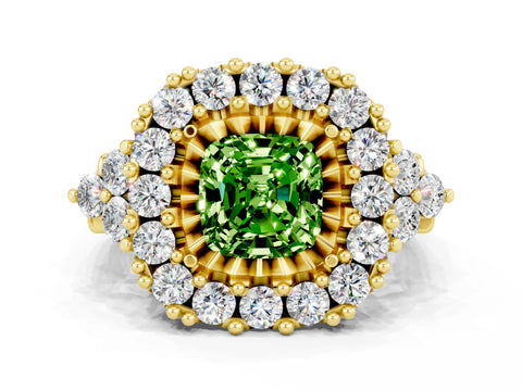 Yellow gold Cushion Cut Peridot Halo Ring with Pavé Band and Four-Prong Setting_12