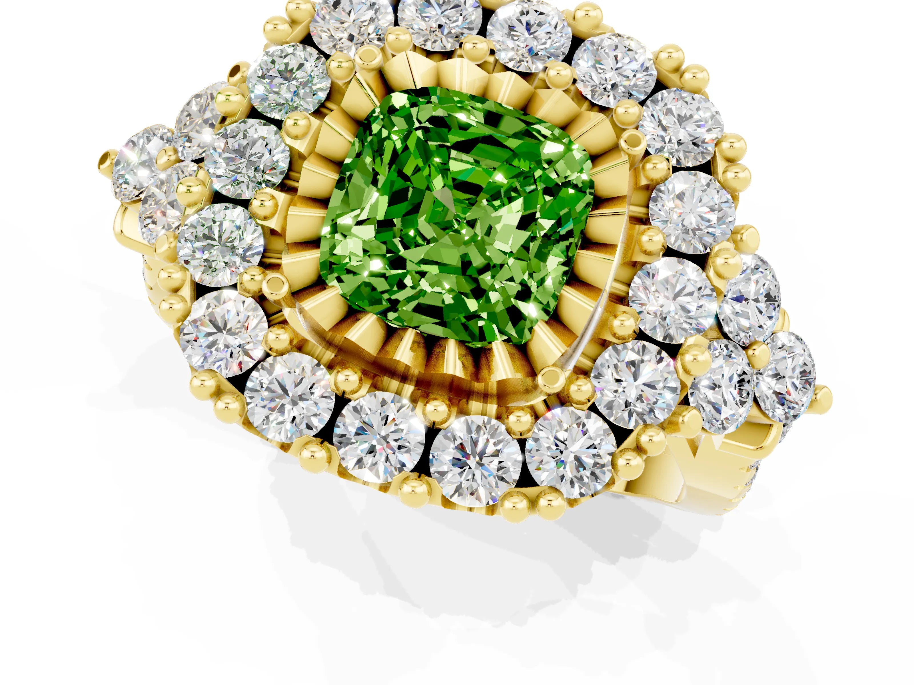Yellow gold Cushion Cut Peridot Halo Ring with Pavé Band and Four-Prong Setting_13