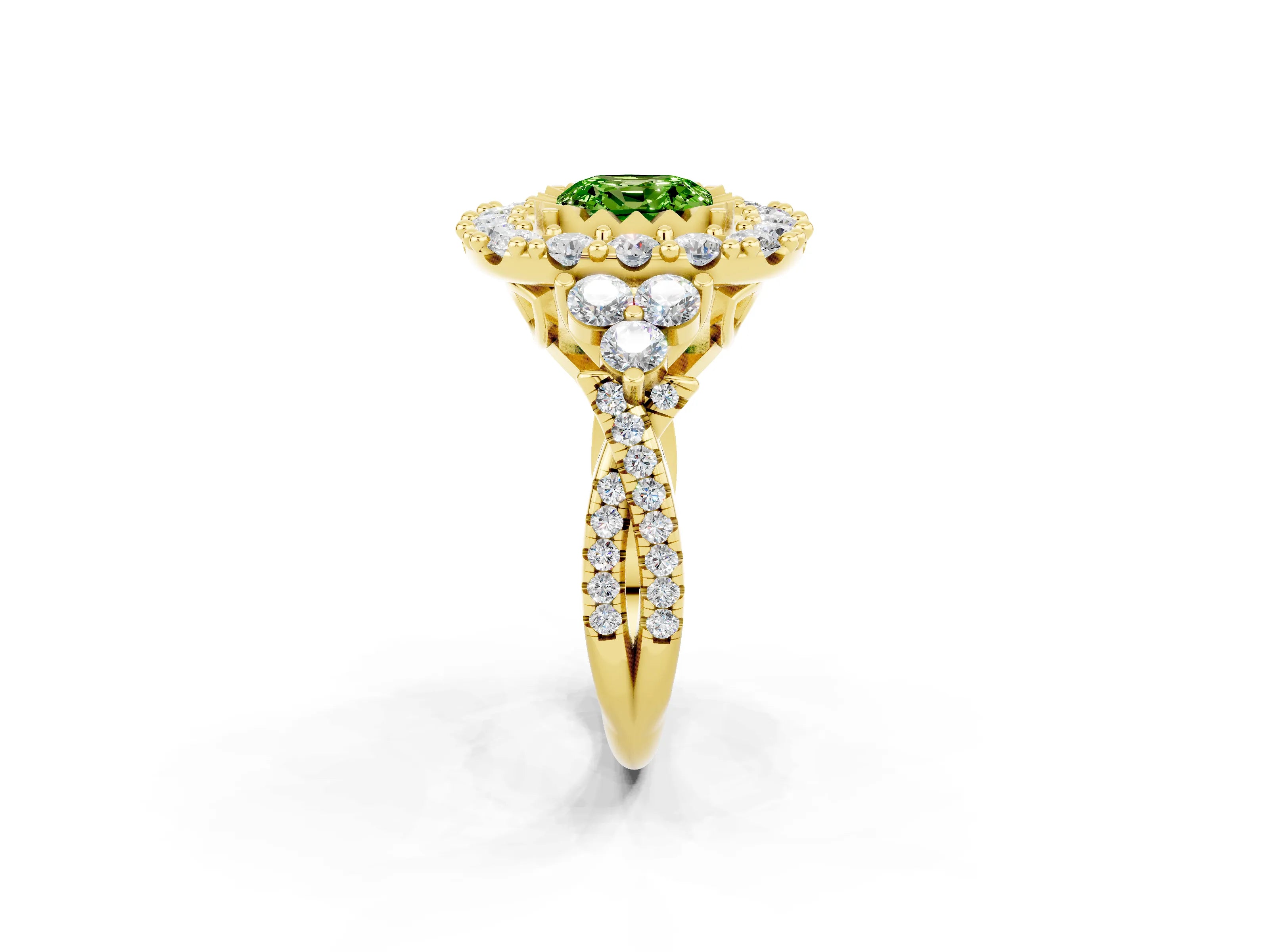 Yellow gold Cushion Cut Peridot Halo Ring with Pavé Band and Four-Prong Setting_14