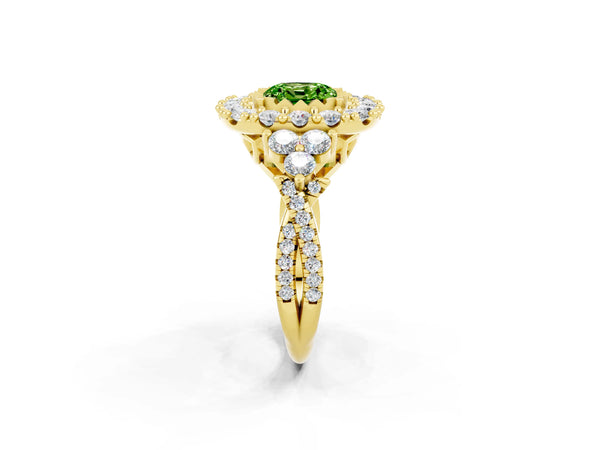 Yellow gold Cushion Cut Peridot Halo Ring with Pavé Band and Four-Prong Setting