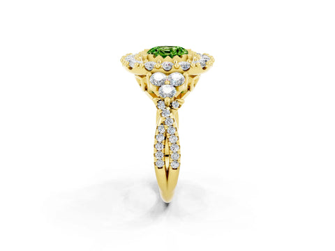 Yellow gold Cushion Cut Peridot Halo Ring with Pavé Band and Four-Prong Setting_14