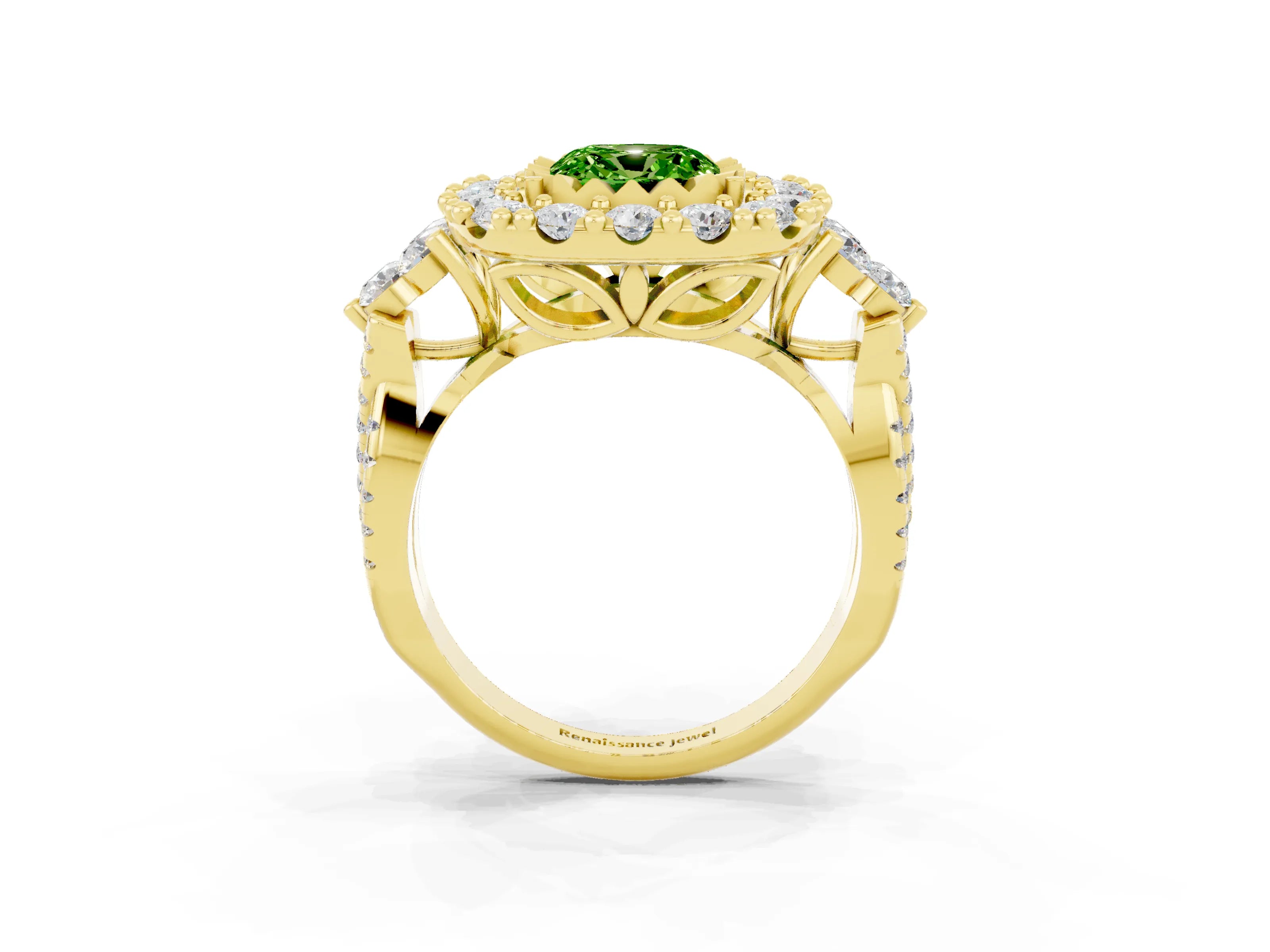 Yellow gold Cushion Cut Peridot Halo Ring with Pavé Band and Four-Prong Setting_15