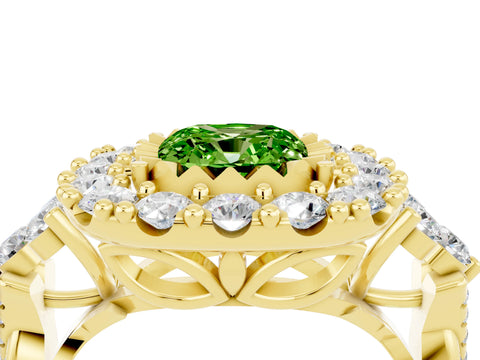 Yellow gold Cushion Cut Peridot Halo Ring with Pavé Band and Four-Prong Setting_16