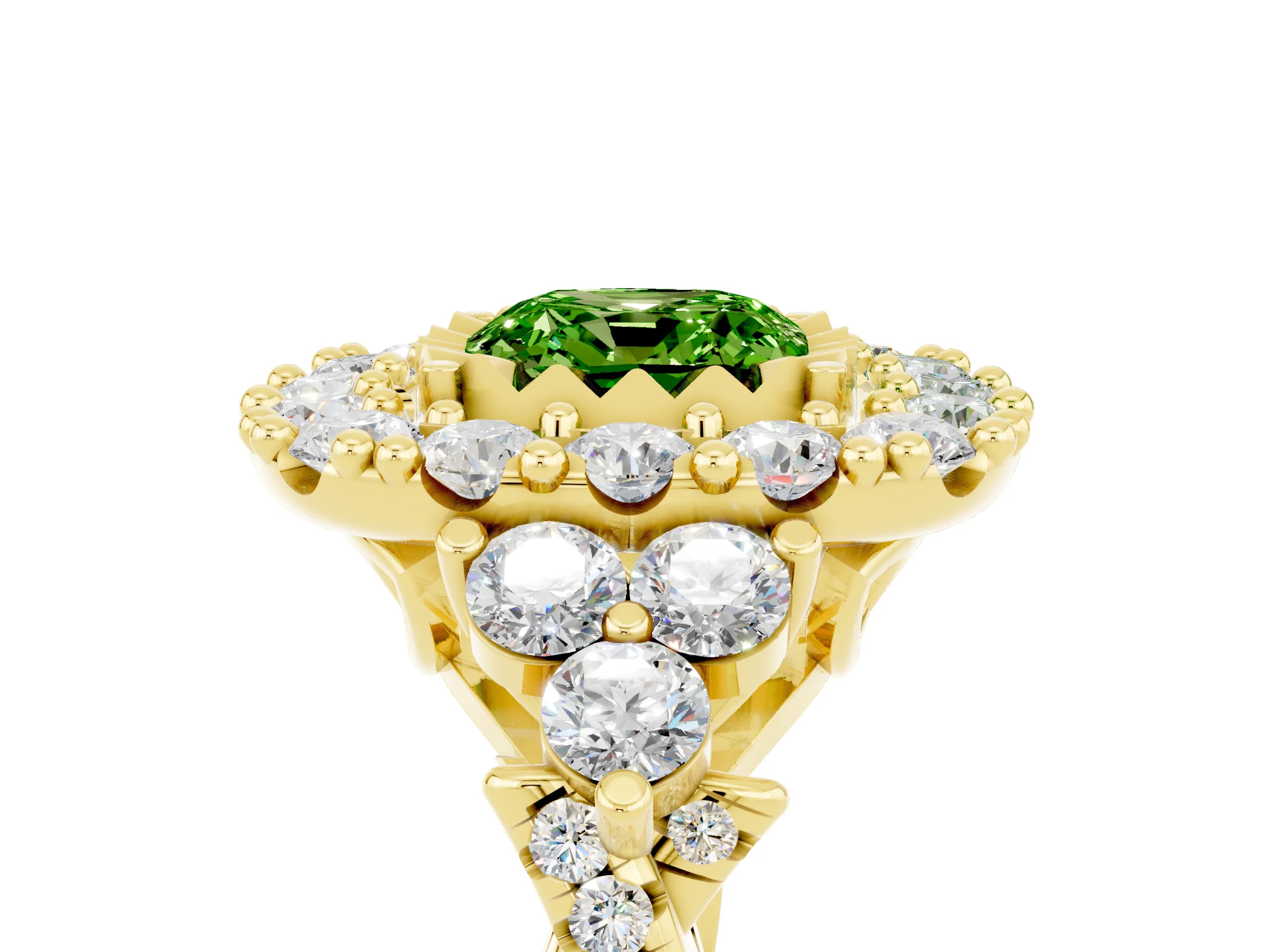 Yellow gold Cushion Cut Peridot Halo Ring with Pavé Band and Four-Prong Setting_17
